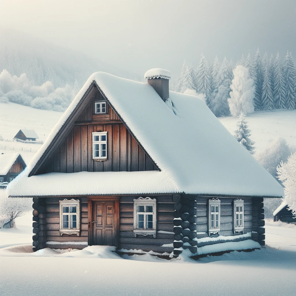 DALL·E 2023-11-29 15.10.12 - A small, traditional wooden farmhouse covered in fresh white snow. The snow gently blankets the roof and surroundings of the house. The background is .png