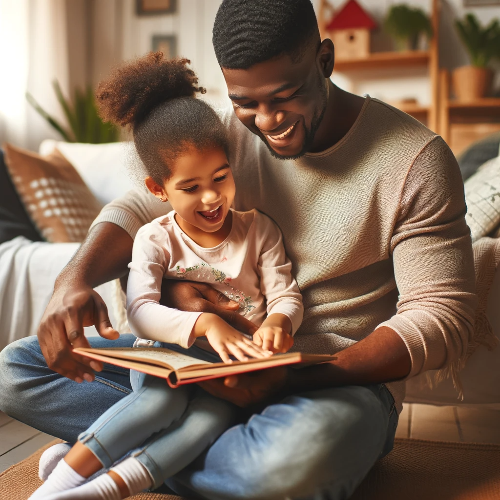 DALL·E 2023-11-29 16.07.13 - A loving father spending quality time with his daughter. The father, a Black man, is engaged in a playful and affectionate activity with his daughter,.png