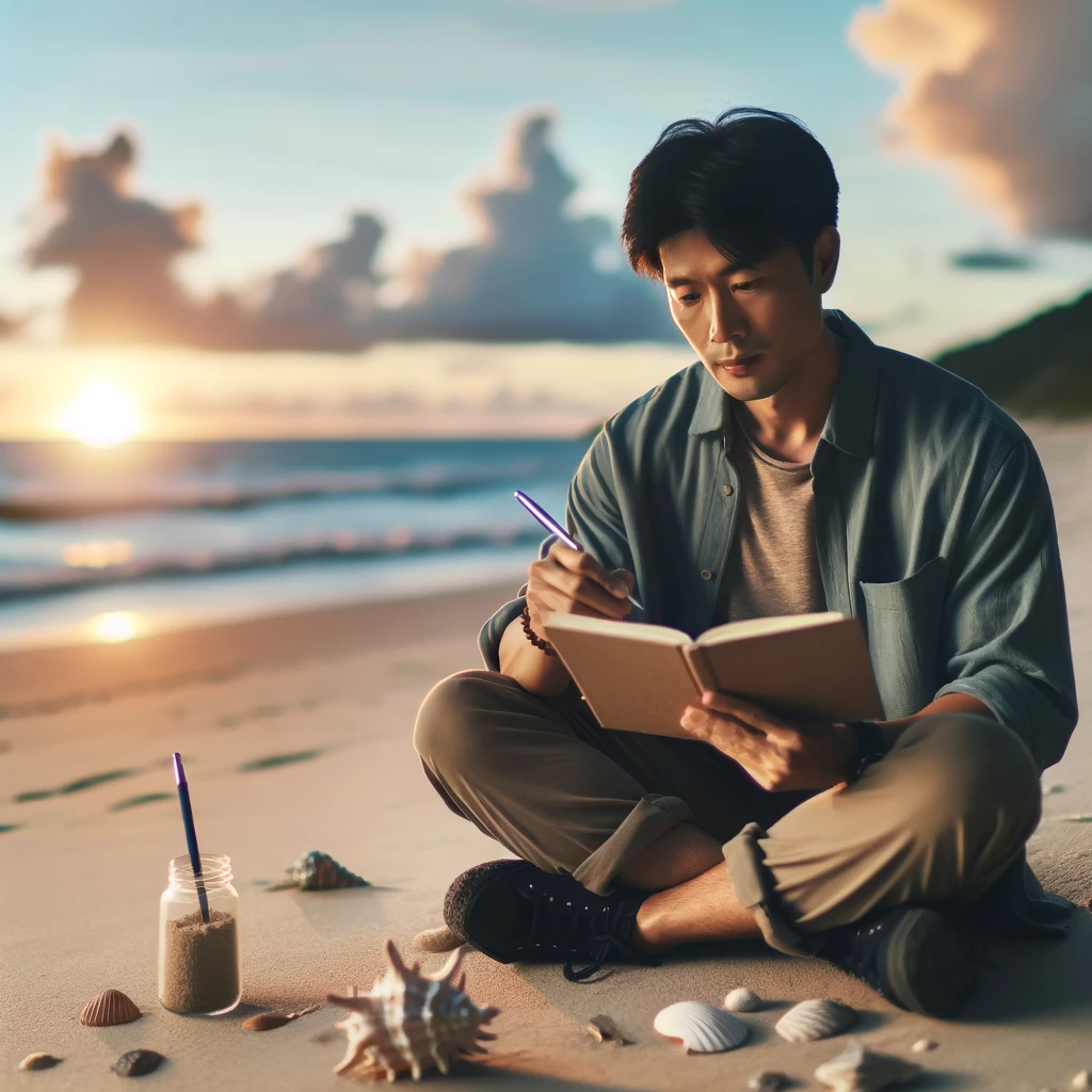 DALL·E 2023-12-01 11.16.01 - A writer sitting alone on a beach, holding a pen in one hand and a notebook in the other. The background features a beautiful sunset over the ocean, w.png