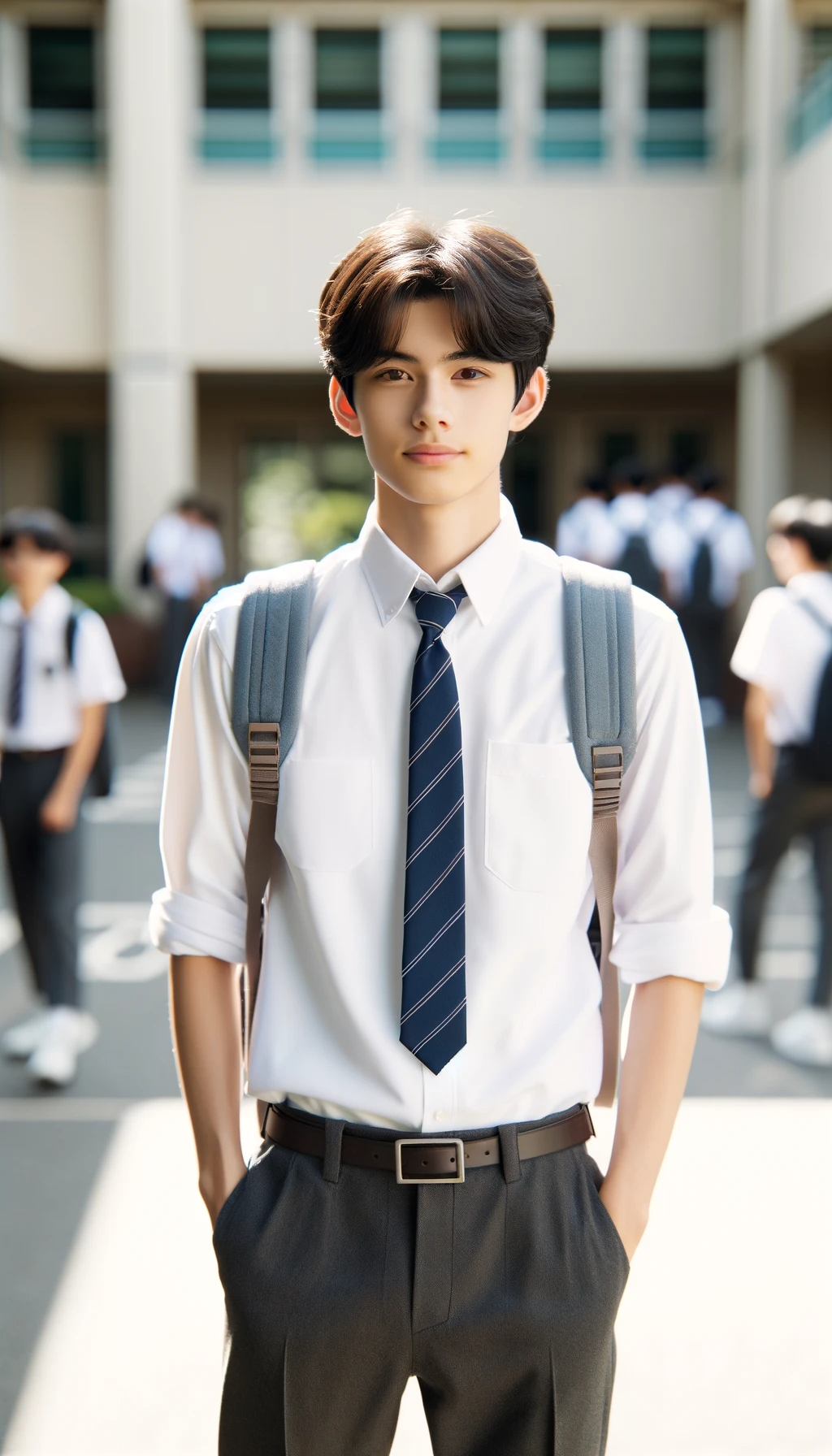 DALL·E 2023-11-30 07.50.27 - A high school male student standing in a school environment. He is wearing a typical school uniform consisting of a white shirt, dark pants, and a tie.png