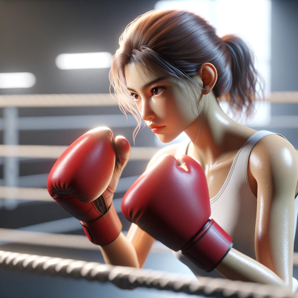 DALL·E 2024-01-12 07.58.35 - A realistic depiction of a young girl practicing boxing. She's wearing red boxing gloves and is in a boxing stance, with intense focus and determinati.png
