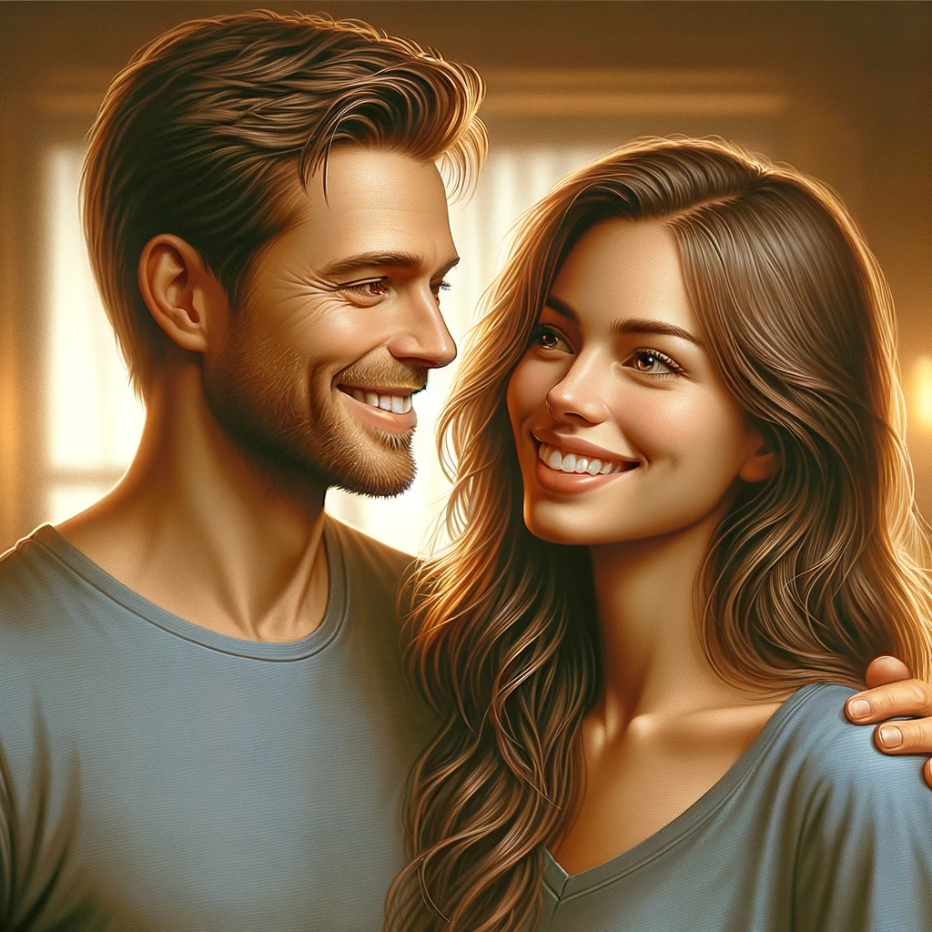 DALL·E 2024-01-18 14.18.02 - A realistic portrait of a happy couple. They are smiling gently at each other with a look of love and contentment. The man has short hair and the woma.png