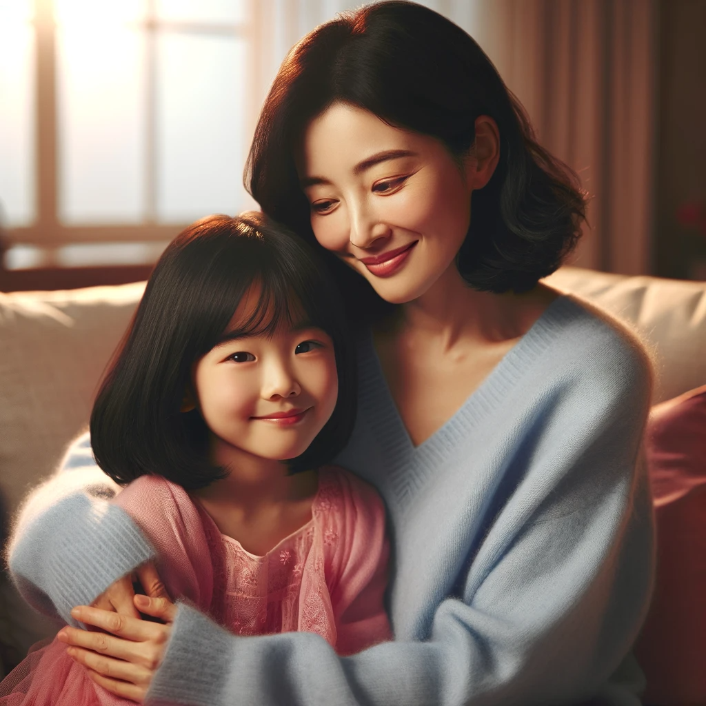 DALL·E 2023-12-20 08.12.00 - A heartwarming scene of a mother and her young daughter sharing a tender moment. The mother, a middle-aged Korean woman with shoulder-length black hai.png