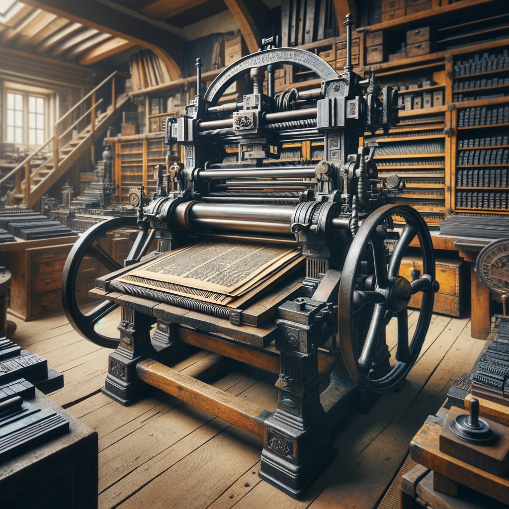 DALL·E 2023-11-21 15.13.44 - An antique printing press in a historical setting. The press is large, made of cast iron and wood, with intricate mechanisms and levers. It's set in a.png