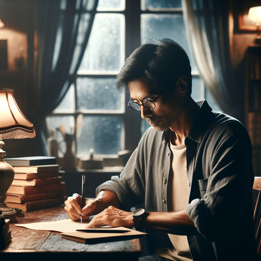 DALL·E 2023-11-18 20.43.43 - A writer deeply immersed in writing, sitting at an antique wooden desk in a cozy, dimly lit room. The writer is a middle-aged South Asian man with sho.png