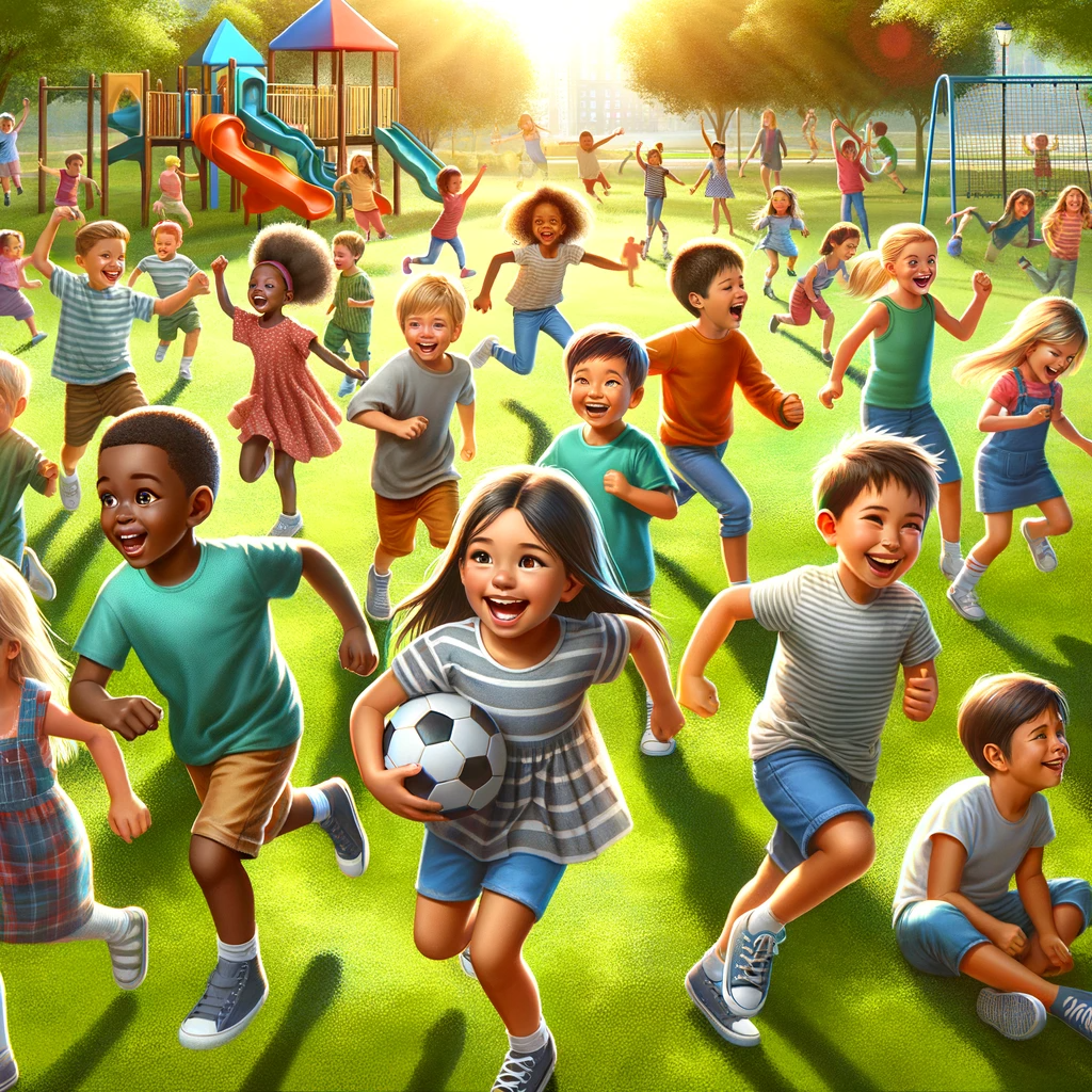 DALL·E 2023-11-20 15.23.51 - A lively scene of children playing joyfully in a park. The image includes several kids of different ages and descents, including Caucasian, Black, His.png