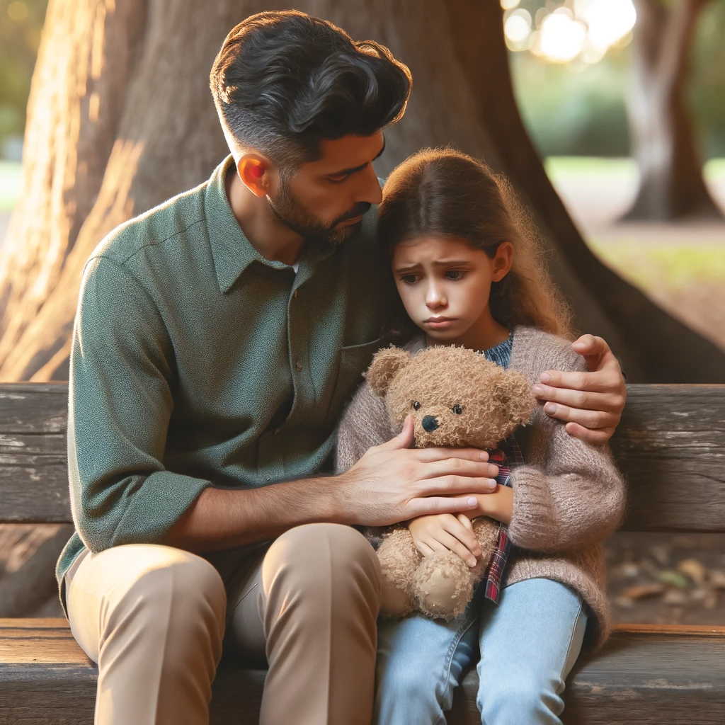 DALL·E 2023-12-15 16.24.04 - A touching scene of a compassionate father comforting his daughter. The father, of Hispanic descent, is gently hugging his daughter, a young girl of C.png