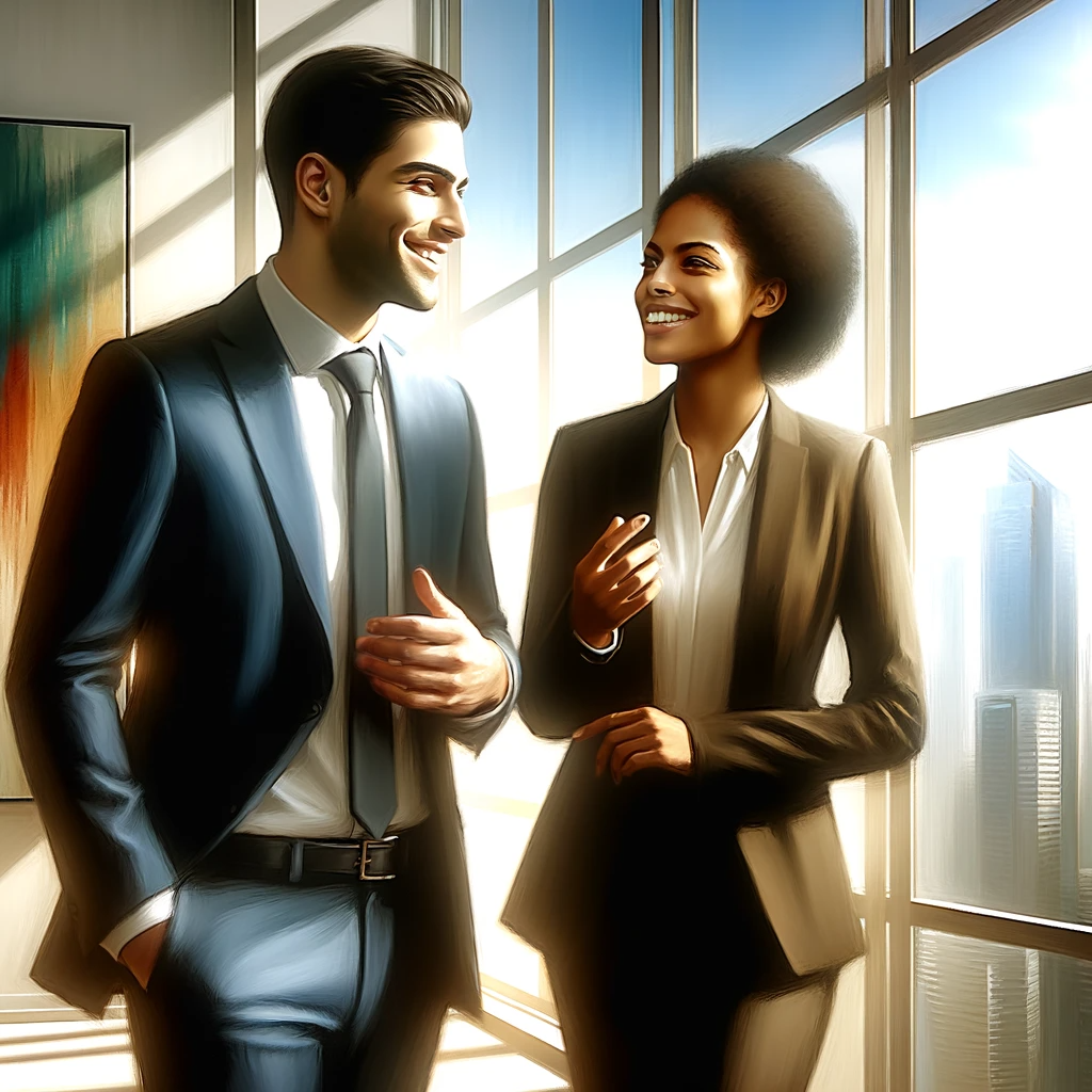 DALL·E 2024-01-08 08.10.10 - A painting of a male and a female leader in a bright, optimistic setting. They are both smiling and engaged in a positive conversation. The male leade.png