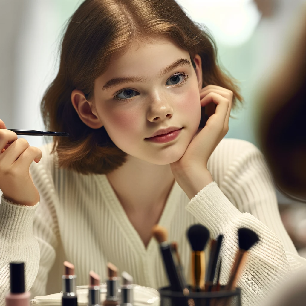 DALL·E 2024-01-02 11.48.14 - A 14-year-old girl with light skin and brown hair, sitting at a table, doing her makeup while looking into a mirror. The table is filled with various .png