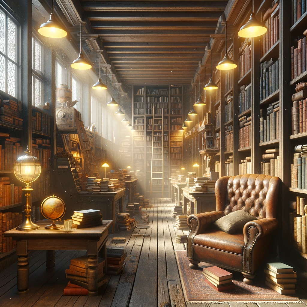 DALL·E 2023-11-21 08.32.20 - An illustration of the interior of an old bookstore. The scene is cozy and dimly lit, with warm yellow lights casting a soft glow. Wooden bookshelves,.png