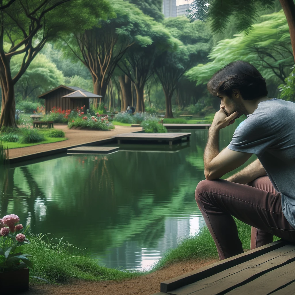 DALL·E 2023-11-19 09.13.22 - A person who has lost confidence, sitting alone in a contemplative pose in a peaceful park. The person, a young adult of Middle-Eastern descent, is lo.png