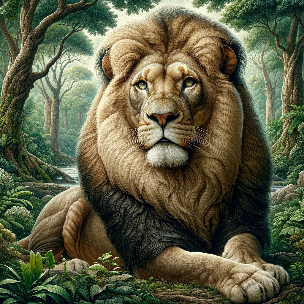 DALL·E 2023-12-09 14.37.06 - An elegant lion in the jungle, depicted in a majestic and graceful manner. The surrounding environment is a natural jungle setting with dense trees an.png