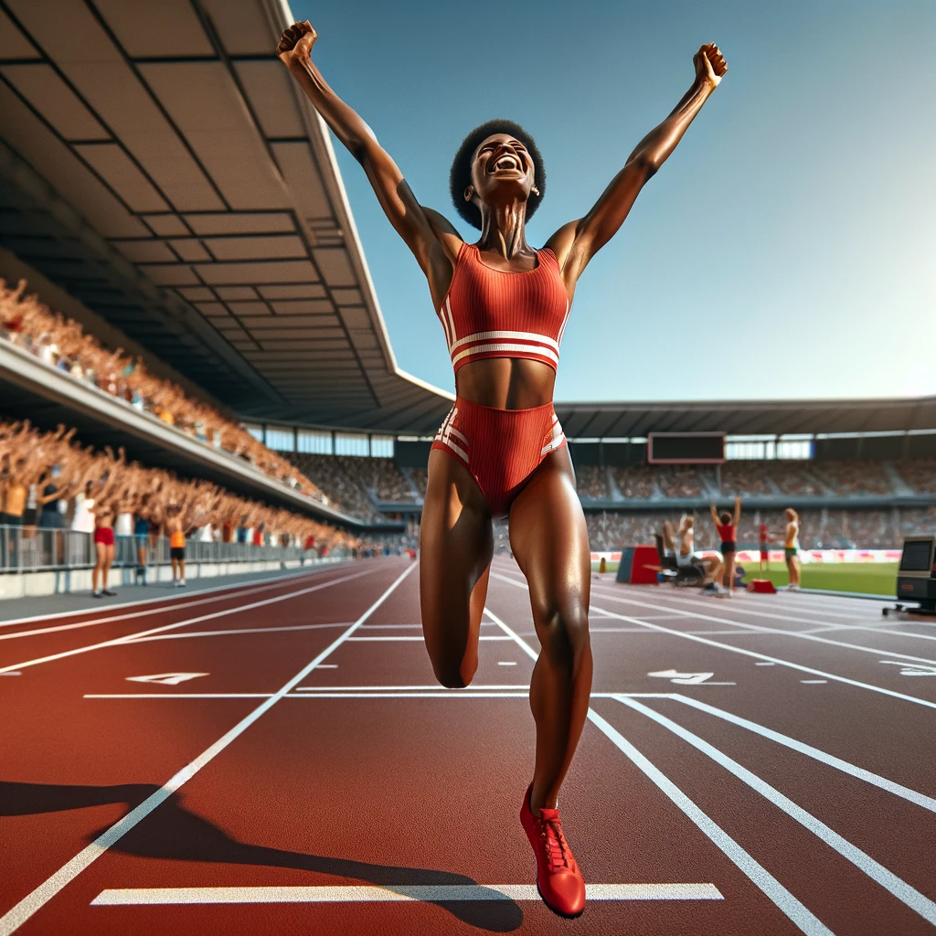 DALL·E 2023-12-05 15.24.26 - A triumphant sprinter celebrating a victory in a short-distance track race. The athlete, a young Black woman with short hair, is wearing a bright red .png