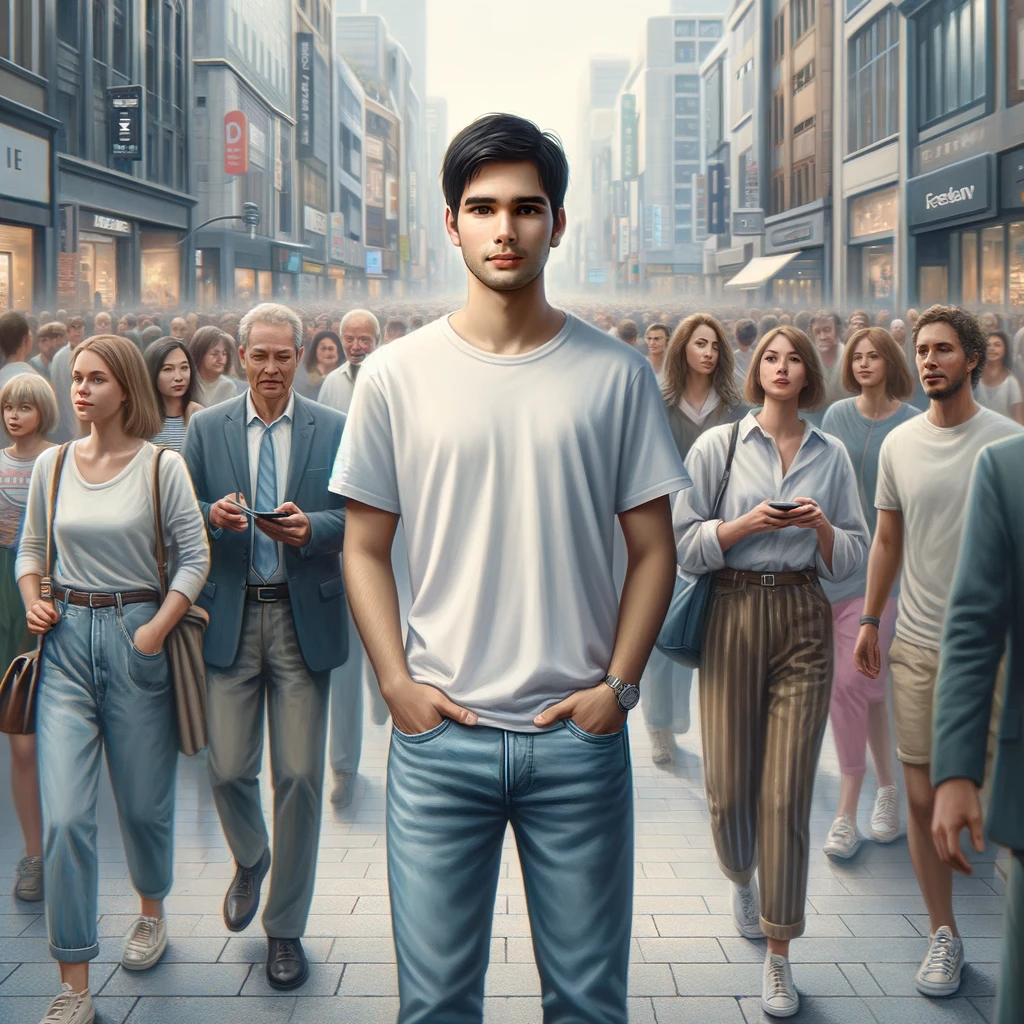 DALL·E 2024-01-13 08.58.02 - A realistic painting of an individual standing in the middle of a busy crowd. The person is of average height, with short black hair, wearing casual c.png