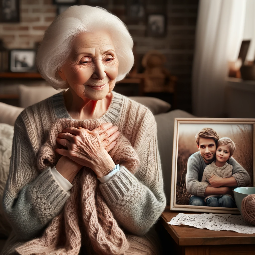 DALL·E 2023-11-20 05.23.55 - An elderly mother, embodying deep love and affection for her son. She is of Caucasian descent, with white hair and a gentle, loving expression on her .png