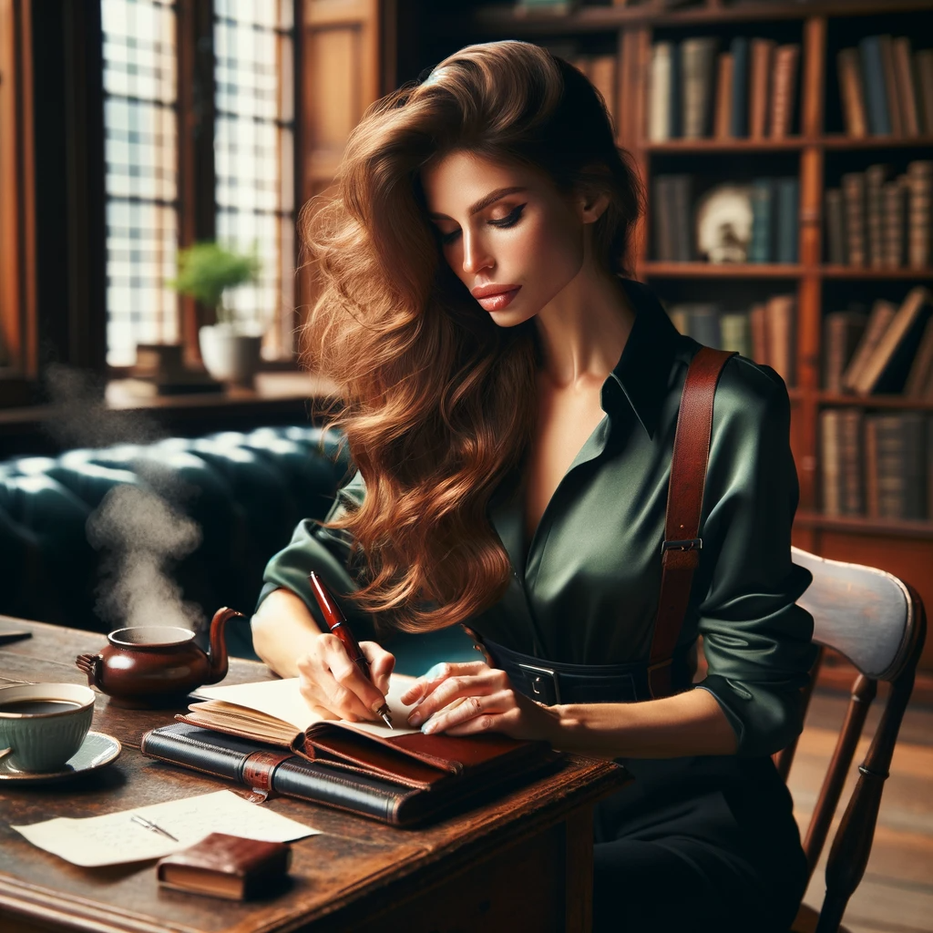 DALL·E 2023-12-20 09.38.22 - An inspiring image of a female writer deeply engrossed in her work. She is in her late thirties, with long, wavy chestnut hair and wearing a smart, ca.png