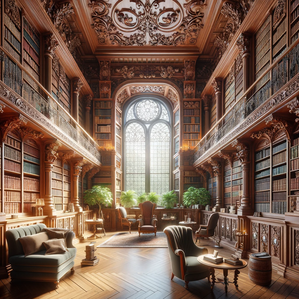 DALL·E 2024-01-15 10.14.22 - A beautiful library with towering wooden shelves filled with a diverse range of books. The shelves are intricately carved with floral and classic desi.png