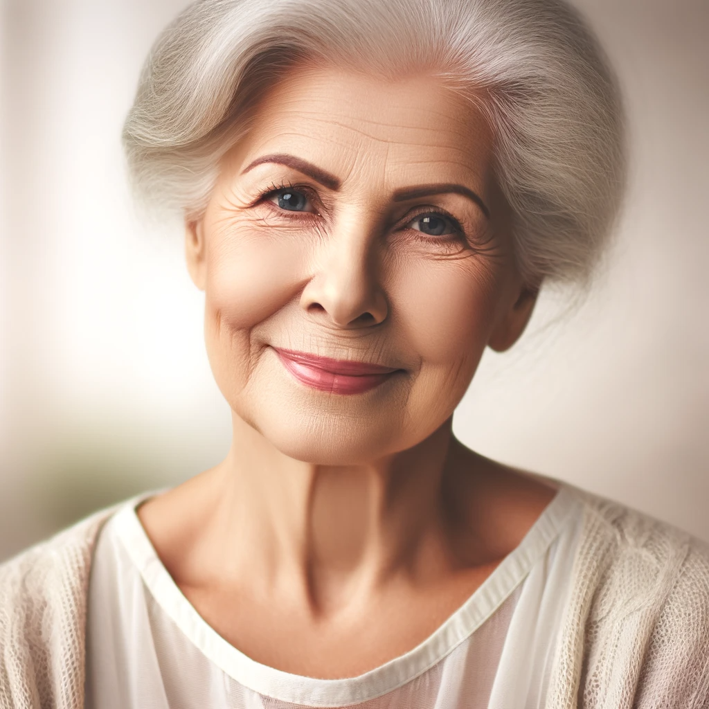 DALL·E 2024-01-02 12.30.47 - A kind and gentle elderly woman with a warm smile. She has wrinkles that show her age and experience, and her hair is white or gray. She is wearing co.png