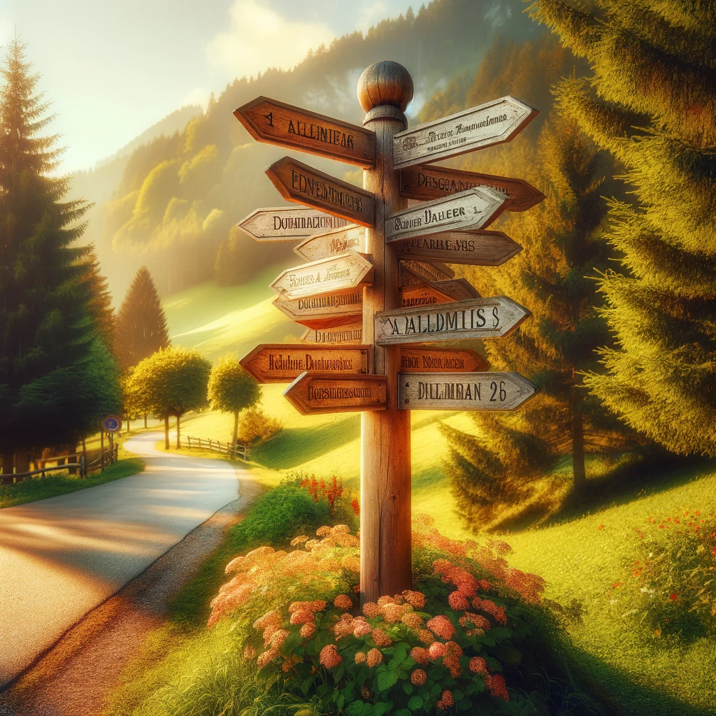 DALL·E 2023-11-24 12.01.15 - A picturesque path with a wooden signpost at a fork in the road. The signpost has multiple arrows pointing in different directions, each labeled with .png