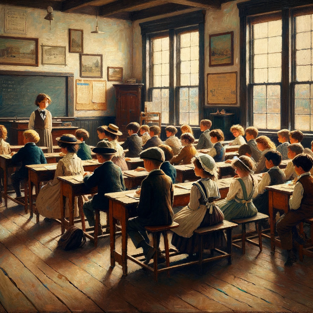 DALL·E 2023-12-04 08.41.14 - A painting in the style of early 20th-century Impressionism, depicting children in a 1900s school setting. The scene shows a group of children of vari.png