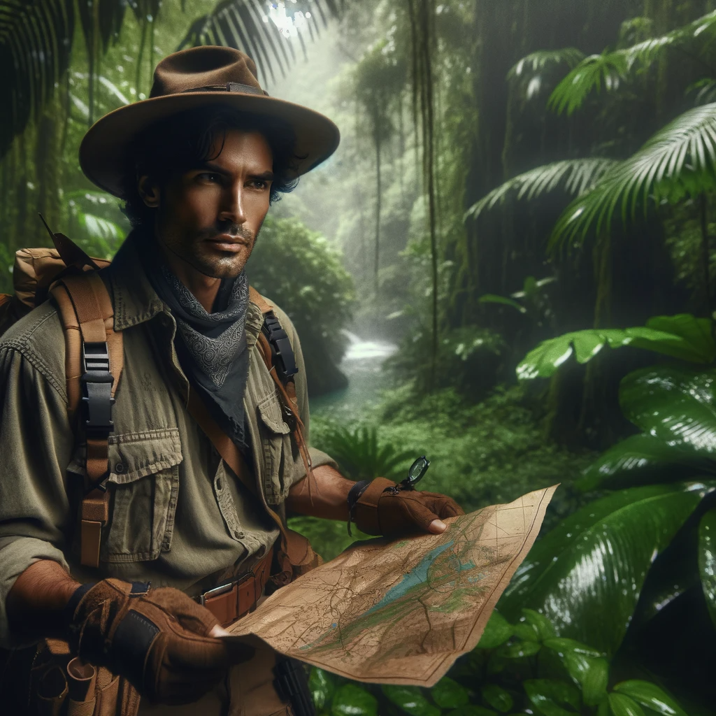 DALL·E 2023-12-19 13.50.53 - An adventurous explorer of Hispanic descent in a dense jungle setting. The explorer is wearing a rugged outfit suitable for a jungle expedition, inclu.png