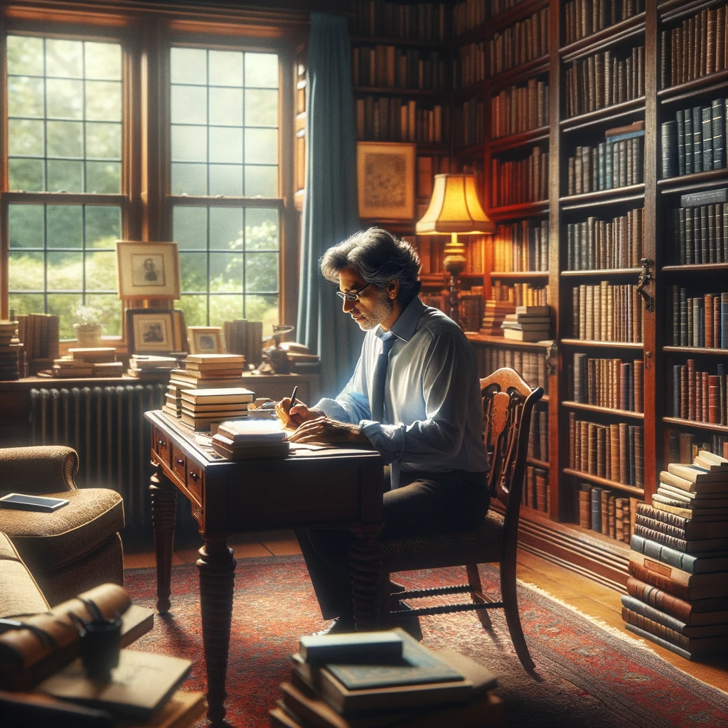 DALL·E 2023-11-22 12.10.56 - A novelist writing in a home library. The setting is a cozy room filled with bookshelves brimming with books. The novelist, a middle-aged man of South.png