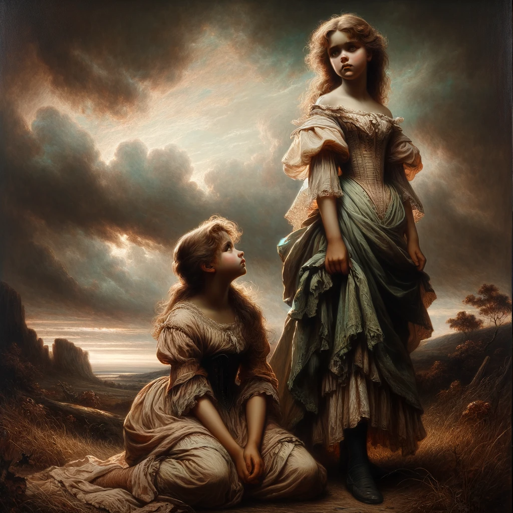 DALL·E 2023-11-11 09.45.58 - An artwork in the Romanticism style depicting two young sisters with a strained relationship. The scene is set outdoors with a dramatic and moody sky,.png
