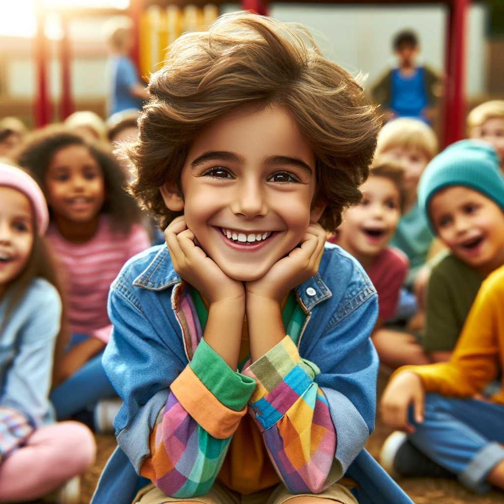 DALL·E 2023-12-08 15.30.21 - An image of a charismatic child showing off their charm among peers. The child is around 8 years old, with a bright, infectious smile and sparkling ey.png
