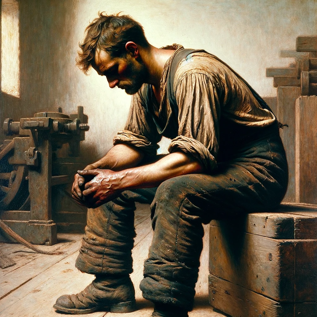 DALL·E 2023-11-11 14.59.18 - A painting in the style of the 19th century, depicting a man worn out from labor. He should be shown taking a break from his work, sitting with heavy .png