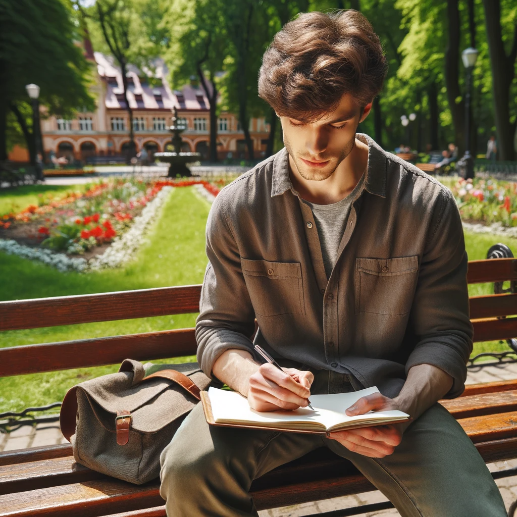 DALL·E 2023-12-01 11.15.44 - A young Caucasian male writer sitting on a wooden bench in a park, intensely writing with a pen and notebook. The bench is surrounded by green grass a.png