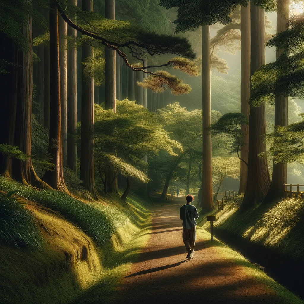 DALL·E 2024-01-05 14.03.30 - A serene scene depicting a solitary walker in a tranquil natural setting. The person is walking along a narrow path surrounded by tall, lush trees, cr.png