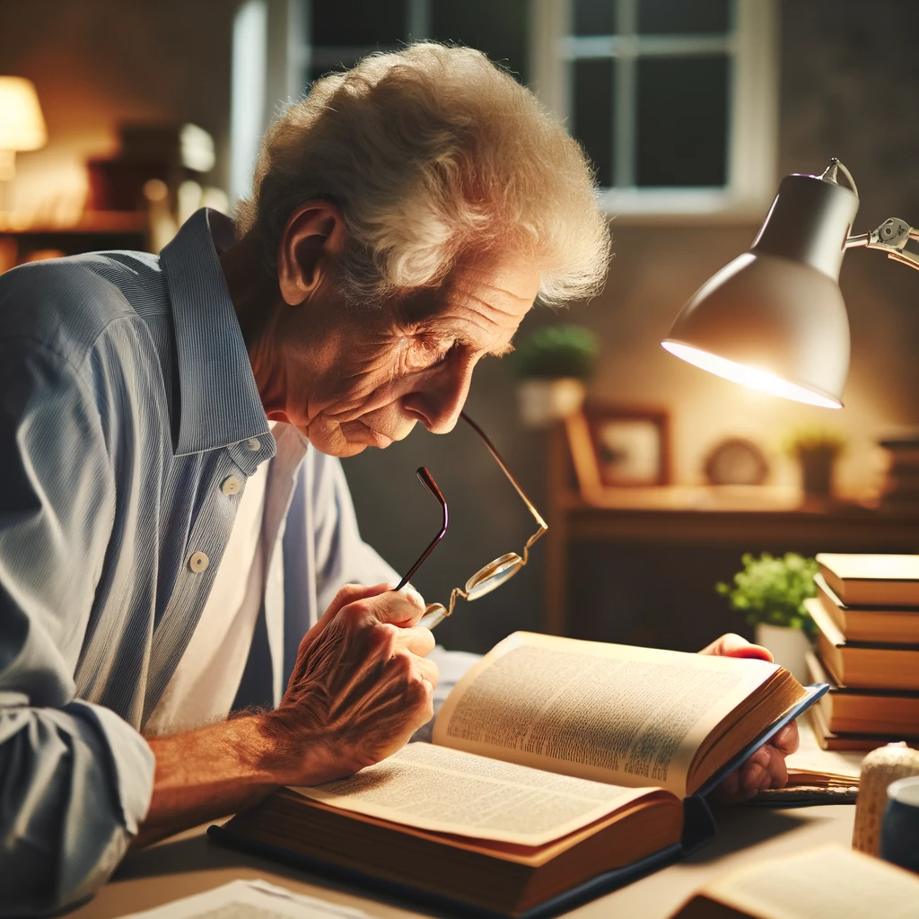 DALL·E 2023-12-22 17.56.43 - An elderly person deeply engrossed in studying at a well-organized desk. The scene shows them reading a large book, possibly on history or science, wi.png