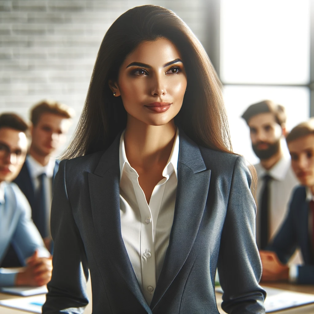 DALL·E 2023-11-28 13.44.50 - A Hispanic woman exhibiting leadership qualities in a professional setting. She is dressed in a sophisticated business attire, appearing to lead an im.png