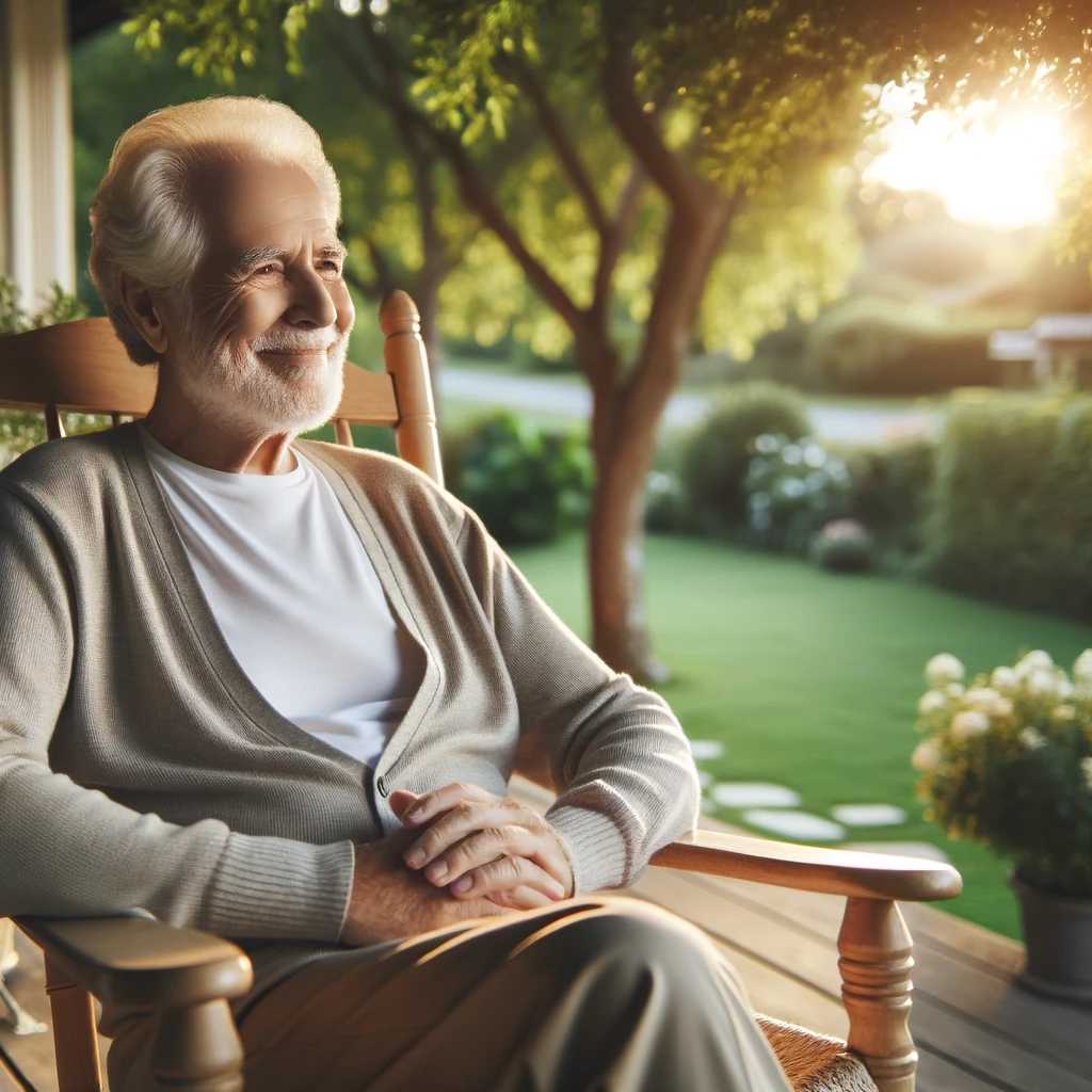 DALL·E 2023-12-22 17.55.19 - A serene and content elderly person sitting on a rocking chair on a porch, surrounded by lush greenery. They are wearing comfortable, casual clothing,.png