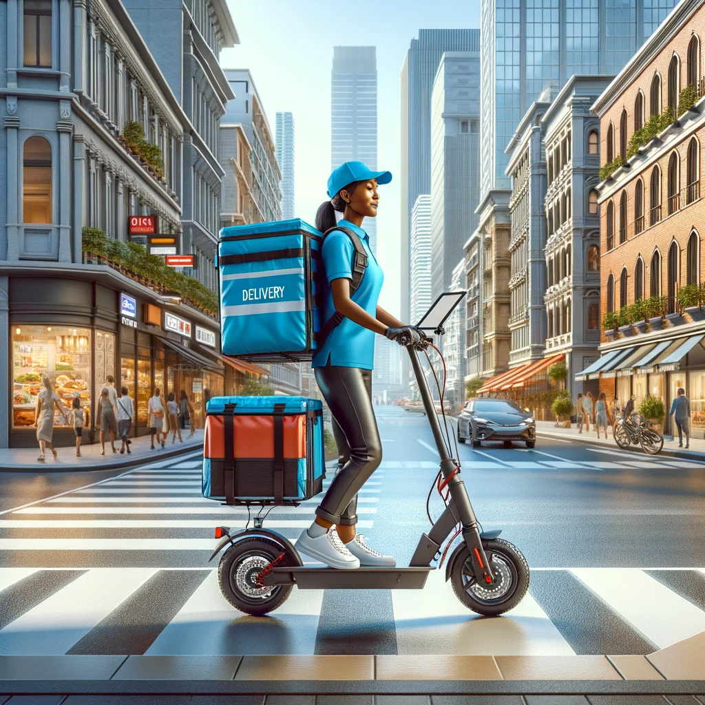 DALL·E 2023-12-03 07.41.06 - A vibrant urban scene featuring a delivery worker. The worker is a Black female in her 20s, wearing a bright blue uniform with a cap and riding a mode.png