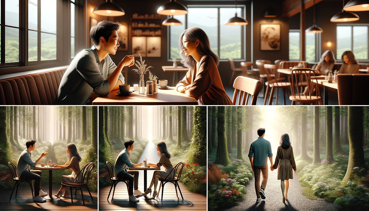 DALL·E 2023-11-23 18.08.57 - A romantic scene depicting a couple at a cafe, engaged in a deep conversation. The setting is cozy and intimate, with a small wooden table and two cha.png