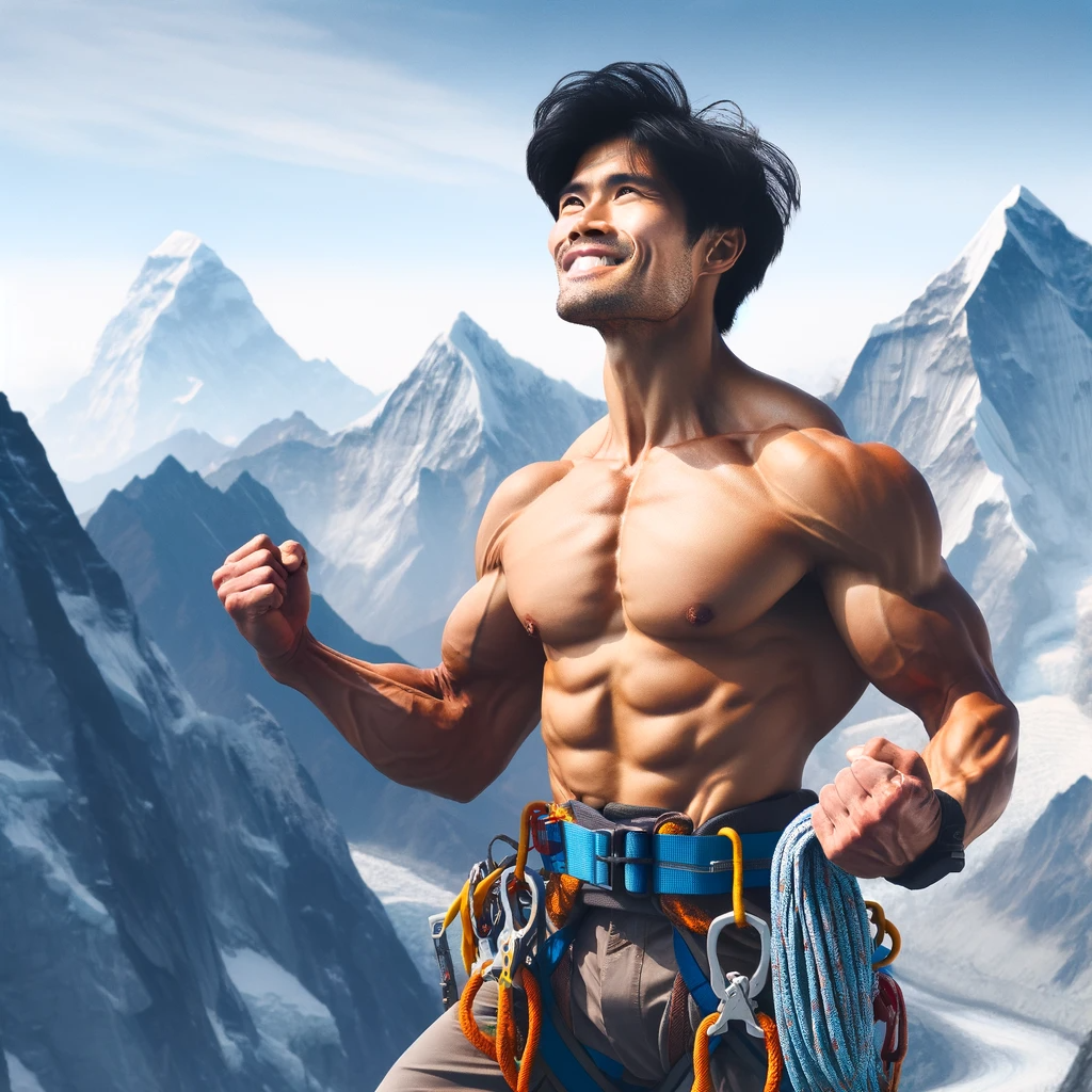 DALL·E 2023-11-28 14.57.25 - A South Asian mountaineer standing triumphantly on a high peak of the Himalayas. He has a strong physique and an expression of joy and accomplishment.png