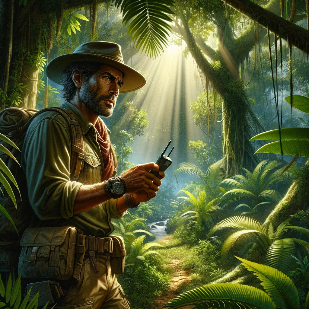 DALL·E 2023-11-21 08.26.25 - A digital painting of an explorer in a dense jungle. The explorer, a middle-aged Hispanic man with a rugged look, is wearing a khaki shirt, cargo pant.png