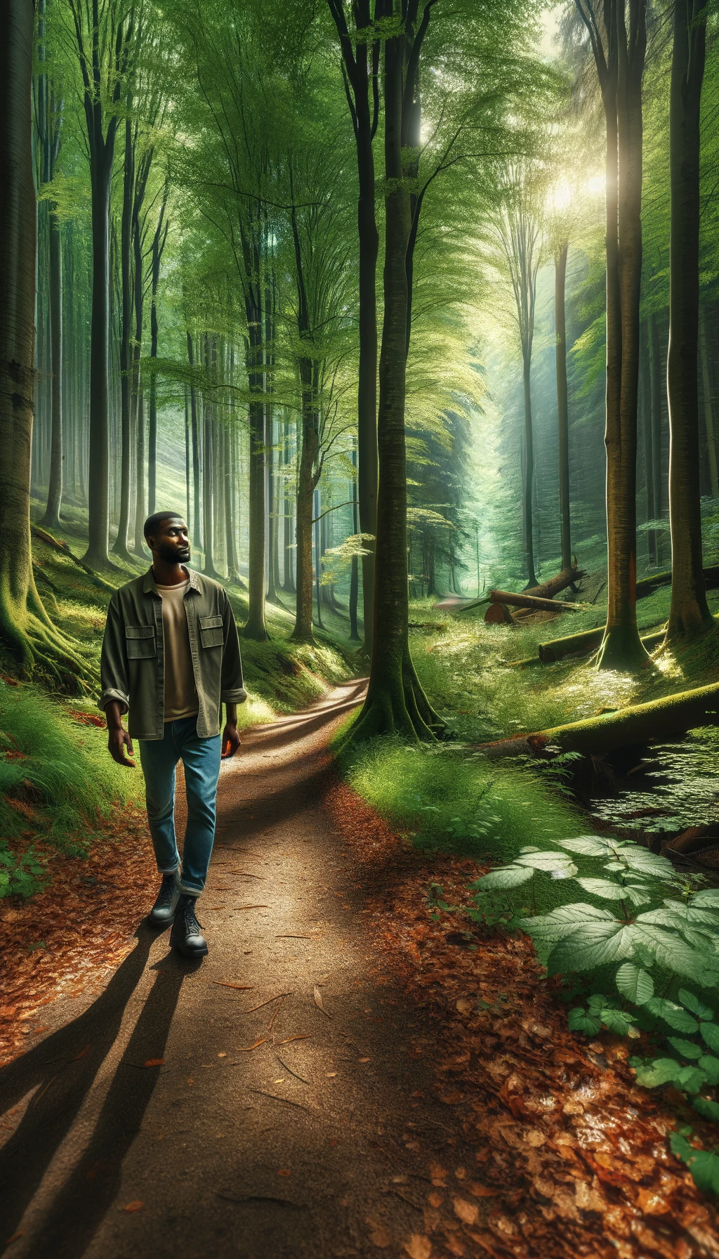 DALL·E 2023-11-27 11.01.21 - A tranquil scene of a man walking through a forest. The man is of African descent, dressed casually in a comfortable jacket and jeans, enjoying a peac.png