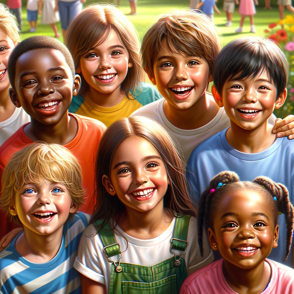 DALL·E 2024-01-09 15.45.21 - A realistic painting of a group of children with bright, joyful expressions. The children are from diverse ethnic backgrounds, including Caucasian, Hi.png