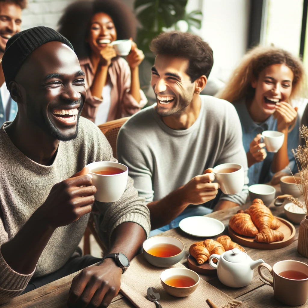 DALL·E 2023-11-28 14.59.36 - A Black man enjoying tea with friends, in a lively and friendly setting. They are dressed in comfortable and casual attire, in a cozy cafe or a living.png