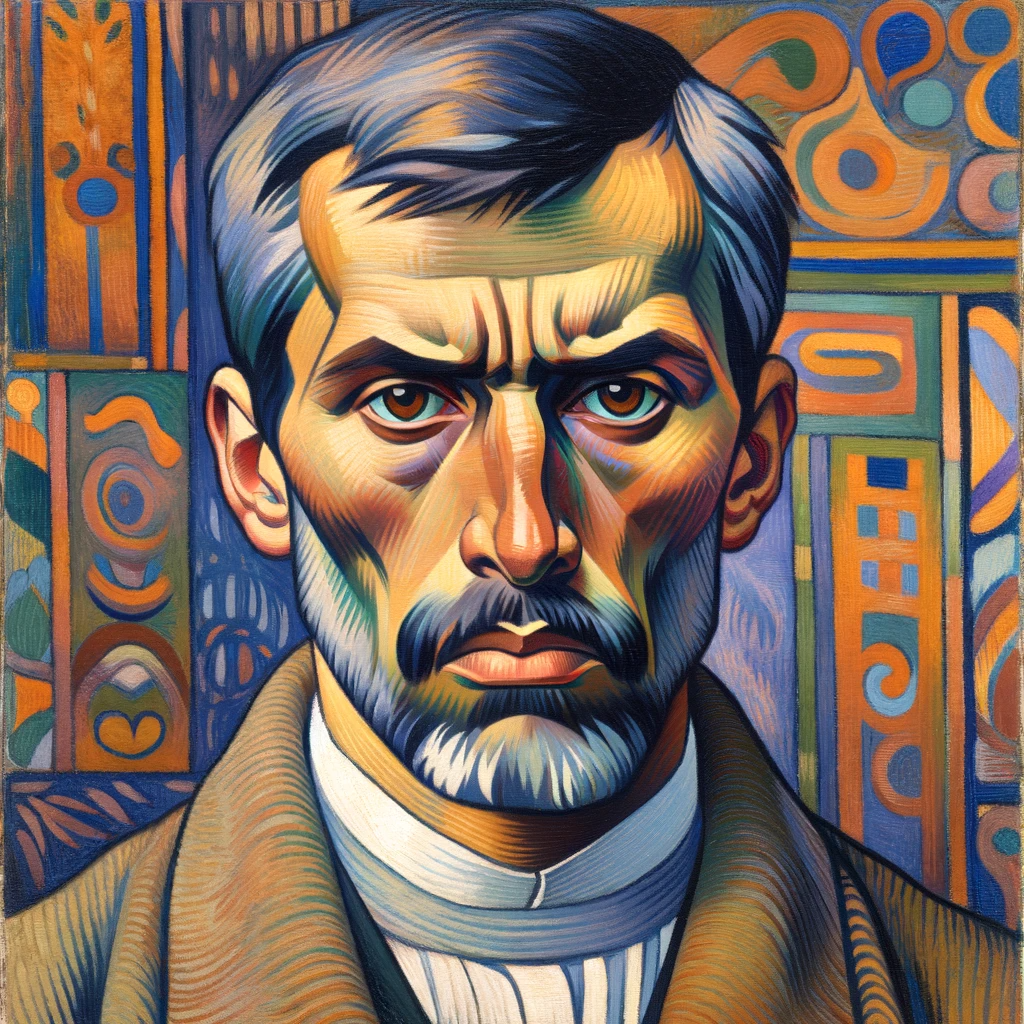 DALL·E 2023-11-11 13.58.46 - A self-portrait of a stern father, in the style reminiscent of Paul Gauguin. The father should be depicted with bold, expressive features and a pierci.png