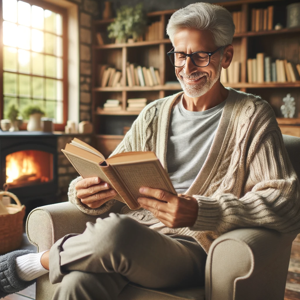 DALL·E 2023-12-19 09.10.13 - A retired elderly man of Caucasian descent enjoying his leisure time. He is sitting on a comfortable armchair, reading a book with a content smile. Th.png