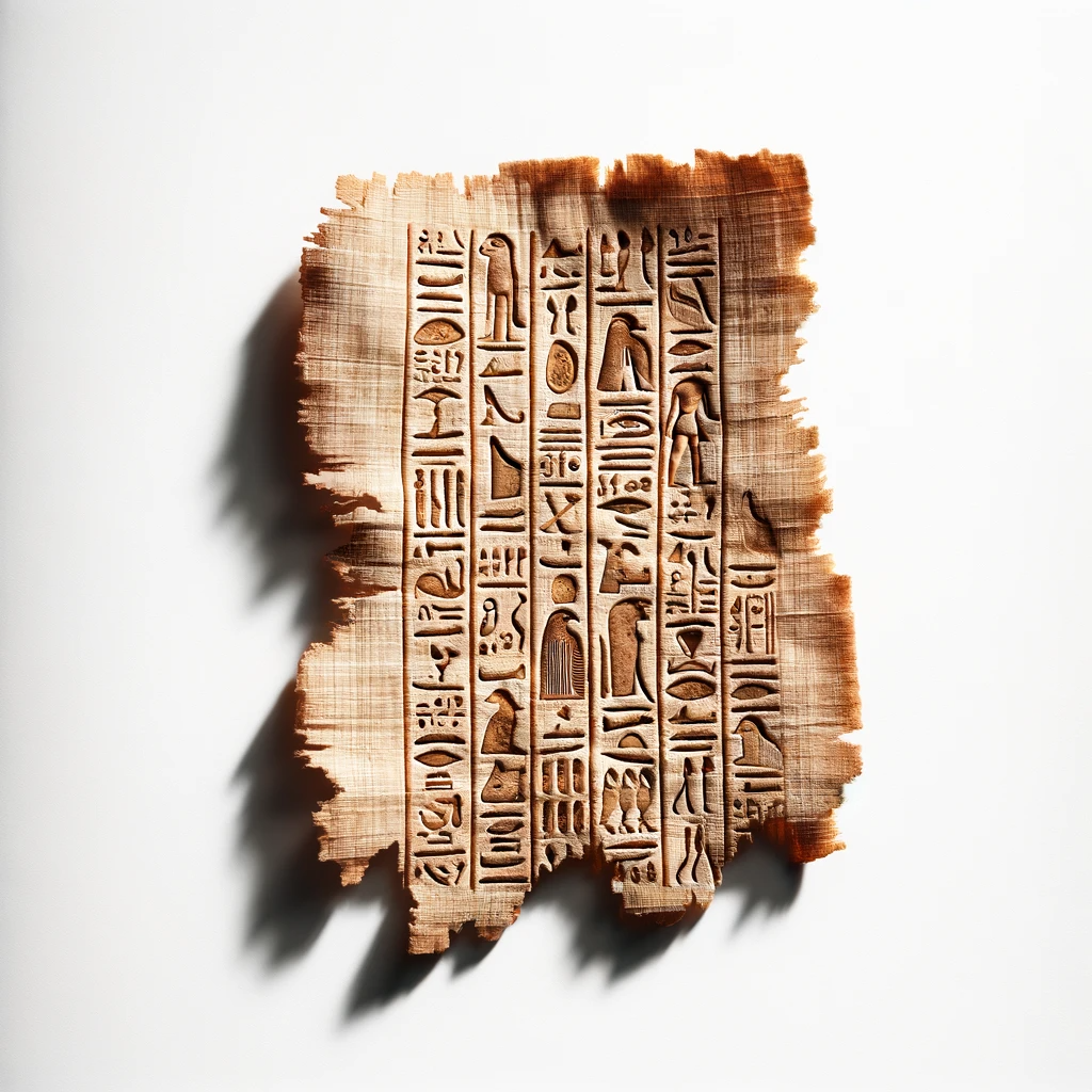 DALL·E 2023-11-21 15.15.20 - A piece of ancient papyrus paper with hieroglyphic writing. The papyrus is slightly weathered and yellowed with age, showing a rich texture and natura.png