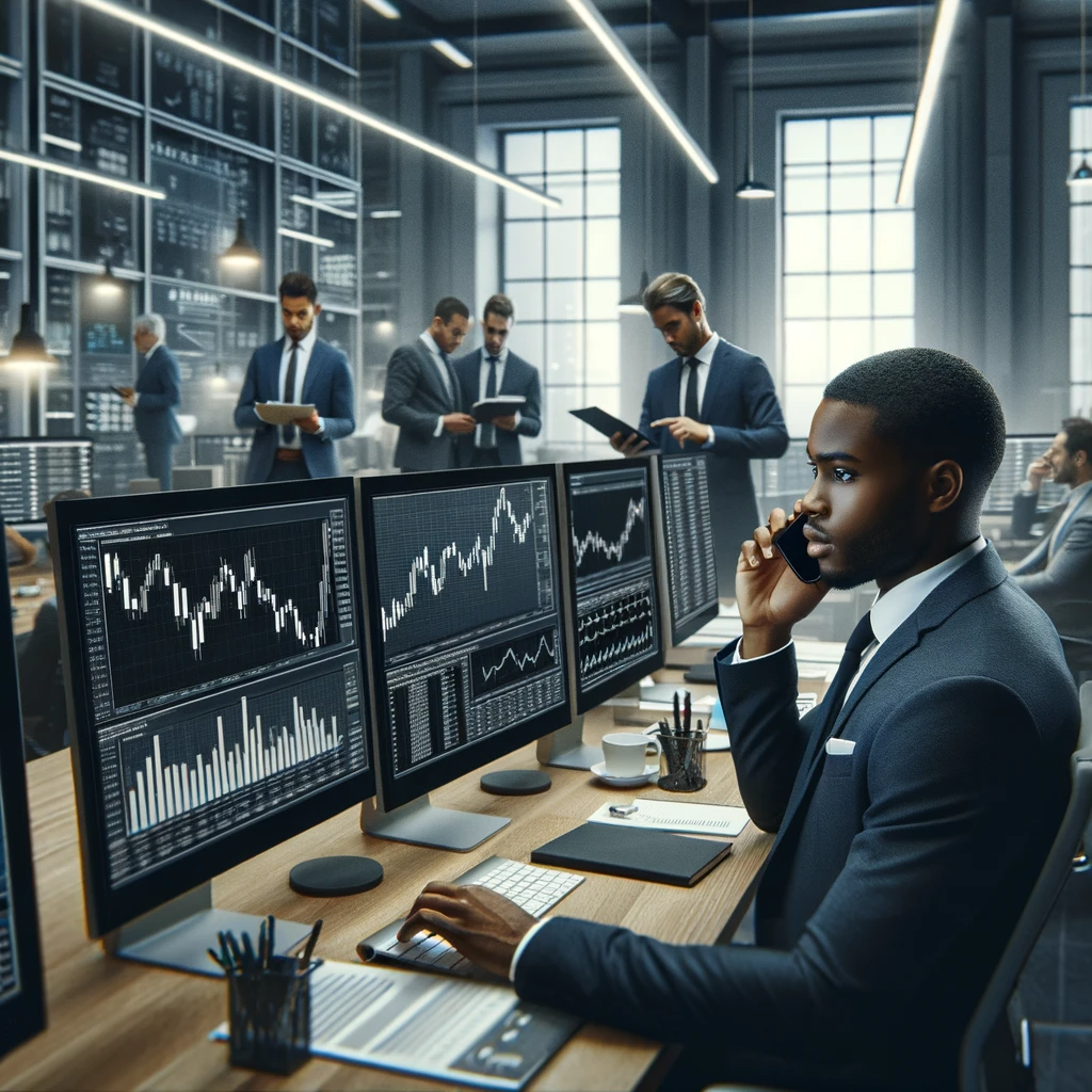 DALL·E 2023-11-17 06.51.59 - A scene depicting a male stockbroker working in a modern brokerage firm. The setting is a contemporary office space filled with high-tech equipment. T.png