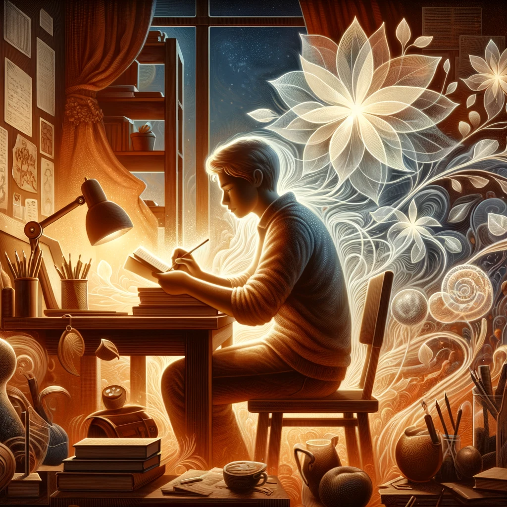 DALL·E 2023-11-15 18.25.00 - A symbolic illustration showing a person of South Asian descent, gender-neutral, in their mid-20s, working diligently at a desk in a warmly lit, cozy .png
