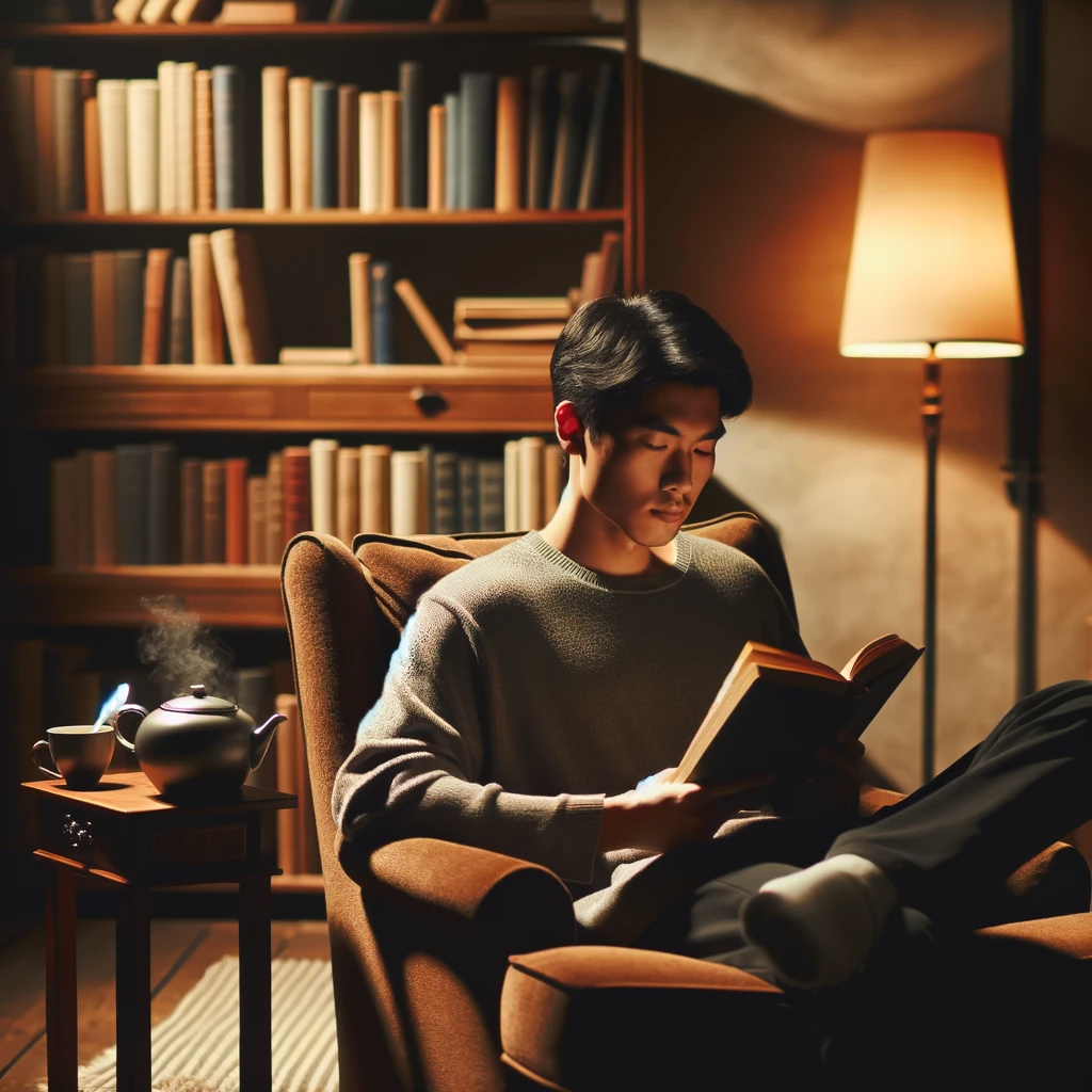 DALL·E 2023-11-21 12.17.03 - A person of Asian descent is comfortably seated in an armchair, immersed in reading a book. The setting is a cozy room, with warm lighting casting sof.png