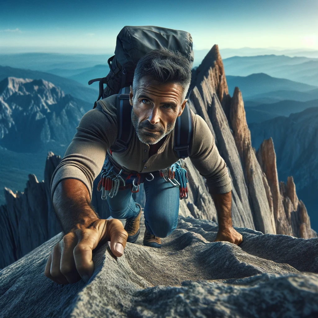 DALL·E 2023-11-19 19.13.41 - A person climbing a steep mountain, symbolizing effort and determination. The climber, a middle-aged Hispanic man, is wearing climbing gear and is hal.png