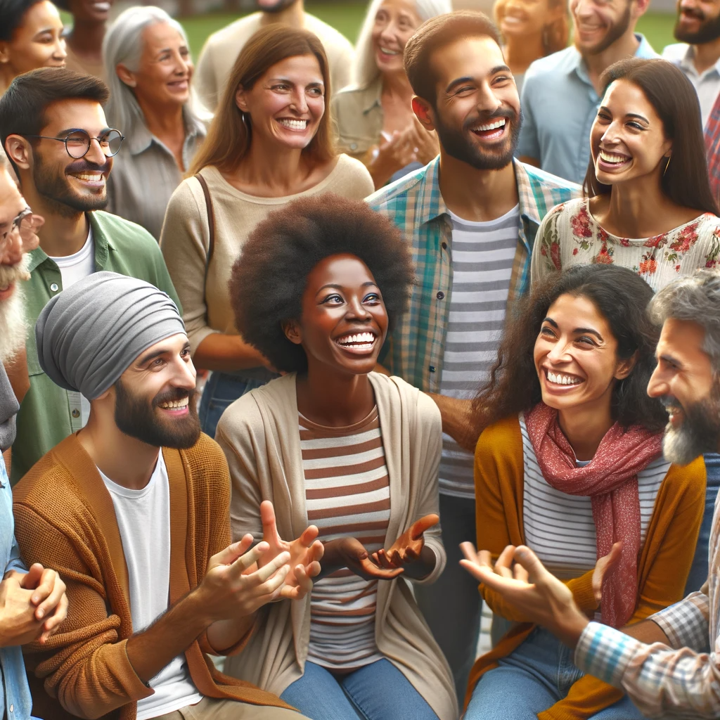 DALL·E 2023-11-25 18.32.56 - A lively scene of a diverse group of people engaged in a cheerful conversation. The group includes men and women of various descents including Caucasi.png