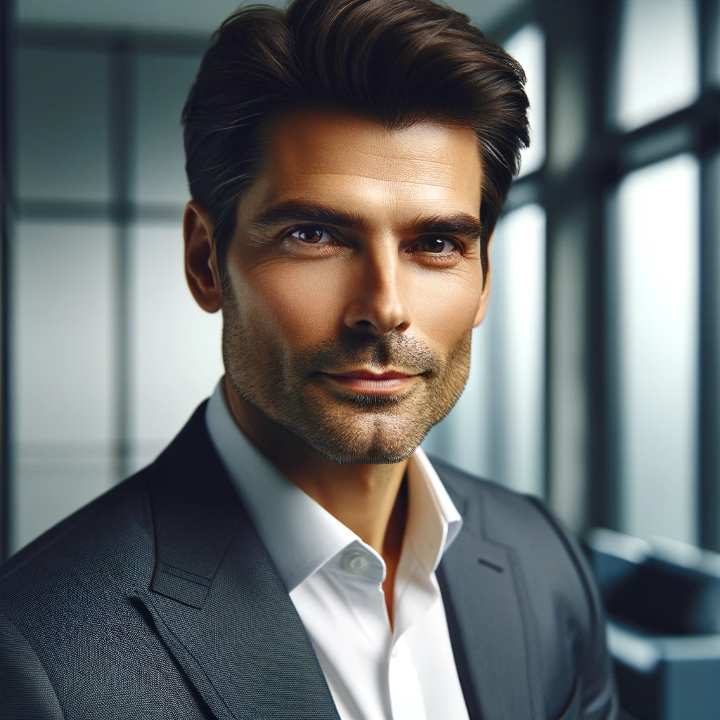DALL·E 2023-12-08 15.30.37 - A portrait of an attractive man exuding leadership qualities. He is in his 30s, with a confident gaze and a small, reassuring smile. His hair is short.png